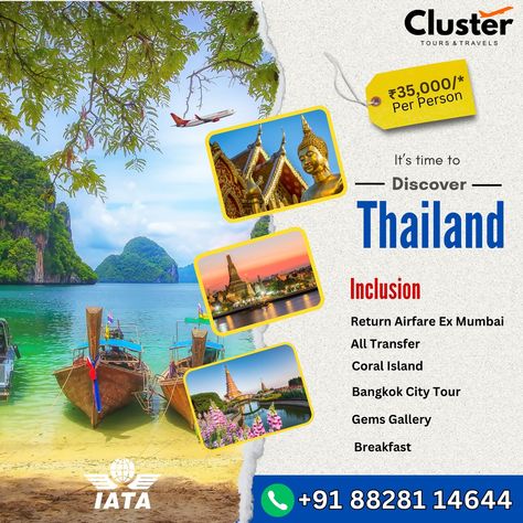 ✅Discover the magic of Thailand with our exclusive tour package! From the bustling streets of Bangkok to the serene beaches of Phuket, immerse yourself in the rich culture, vibrant nightlife, and breathtaking landscapes. Book now and create unforgettable memories! 🌴✈️🏖️ #clustertoursandtravels #ThailandTour #ExploreThailand #TravelThailand #BangkokAdventures #PhuketParadise #TravelGoals #Wanderlust #AdventureAwaits #TravelAddict #VacationMode Bangkok City, Unforgettable Memories, Vacation Mode, Breathtaking Landscapes, Travel Goals, Thailand Travel, Tour Packages, Adventure Awaits, Phuket