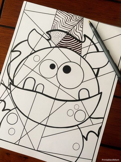 Line Monsters Art Lesson, Monster Line Drawing, Halloween Monsters Craft, Line Monsters Kindergarten, Monster Line Art, Line Art Lessons Elementary, Monster Arts And Crafts, Monster Art Projects For Kids, Line Monsters