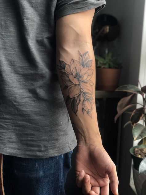 Manly Floral Tattoo, Back Of Forearm Flower Tattoo, Flowers Tattoos Men, Men’s Floral Tattoos, Flower Tattoo Ideas Men, Floral Men’s Sleeve Tattoo, Flower Forearm Tattoo Men, Mens Flower Tattoo Forearm, Floral Tattoos Men