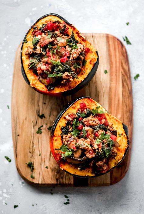 Sausage and Kale Stuffed Acorn Squash Sausage Stuffed Acorn Squash, Sausage And Kale, Health Meals, Healthy Winter Meals, Stuffed Acorn Squash, Amazing Meals, Acorn Squash Recipes, Weekly Dinner, Light Meals