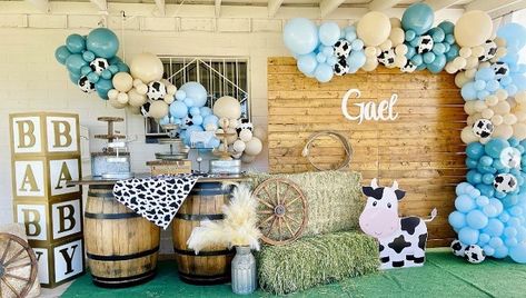 Farm Animals Baby Shower Ideas – Baby Shower Ideas 4U Blue Cow Birthday Party, My First Rodeo Birthday Boy Centerpieces, Barnyard Baby Shower Ideas, Rodeo Birthday Party Ideas, Animals Baby Shower Ideas, My First Rodeo Birthday Party, Farm Baby Shower Theme, First Rodeo Birthday Party, My First Rodeo Birthday