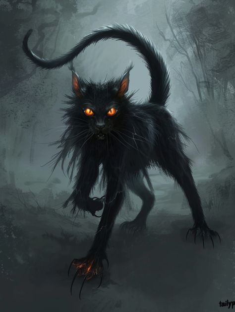 Cait Sith Mythology, Cute Shadow Creature, Fantasy Creatures Art Dark, Evil Cat Art, Fantasy Cat Creature, Demon Familiar, Creepy Cryptids, Monster Cat, American Folklore