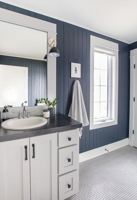 navy vertical planked walls, penny tile, nautical wall art Gray And Navy Bathroom, Navy Bathroom Walls, Lakehouse Bathroom Ideas, Lake House Bathroom Ideas, Bathroom Navy, Lake Deck, Planked Walls, Boy Bathroom, Wallpaper Boy