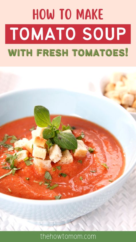 Fresh tomato soup is even better than the ol’ canned stuff of your childhood. This recipe for fresh tomato soup is packed with delicious, garden-ripe tomatoes and ready in less than 30 minutes! Click to try out this easy dinner recipe. Homemade Tomato Soup From Garden Tomatoes, All Recipes Garden Fresh Tomato Soup, Fresh Tomato Soup To Freeze, Tomato Soup Garden Tomatoes, Homemade Vegan Tomato Soup, Fresh Garden Tomatoe Soup, Cream Of Tomato Soup Recipe Using Fresh Tomatoes, How To Make Tomato Soup From Fresh Tomatoes, Tomato Soup From Garden Tomatoes