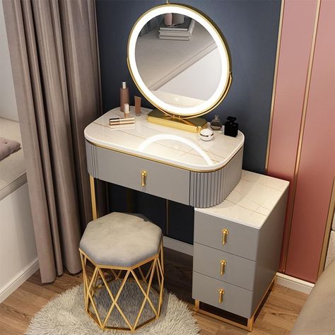 Makeup Table With Mirror And Chair, Bedroom Dressing Tables With 4 Drawers & Cushioned Stool, Compact Vanity Table Set For Bedroom Furniture Makeup Vanity (grey) Bedroom Makeup Vanity, Makeup Dressing Table, Black Drawers, Dresser Furniture, Make Up Desk Vanity, Makeup Vanity Mirror, Round Stool, Bedside Storage, Dressing Table Set