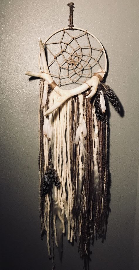 Dream Catcher I made with a plastic antler. Dream Catcher With Antlers, Dream Catcher Antler, Deer Antler Dream Catcher Diy, Ying Yang Dream Catcher, Bone Dream Catcher, Antler Dreamcatcher, Deer Antler Dream Catcher, Antler Dream Catcher, Native American Dream Catcher