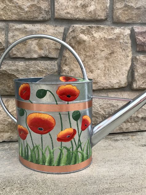 Hand Painted 2 gallon Watering Can Painted Watering Cans, Field Paint, Poppy Fields, Watering Cans, Poppy Field, Watering Can, Poppies, Hand Painted, Canning