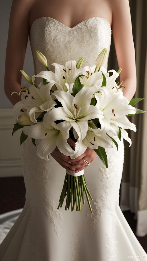 Classic Pure Elegance White Lily Bridal Bouquet Wedding Lily Bouquets, Lily Flowers Wedding Decor, Wedding Centerpieces Lilies, Lilies For Wedding, White Elegant Bouquet, Elegant All White Bridal Bouquet, Best Wedding Bouquets, White Lily Bridal Bouquet, Lily Themed Wedding