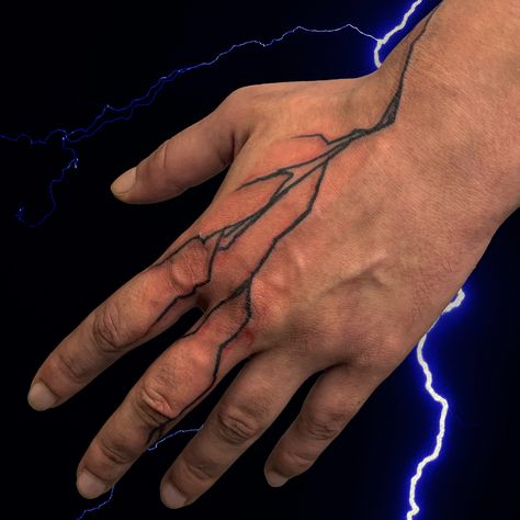 Lightning Finger Tattoo, Lightning Bolt Hand Tattoo, Hand Lightning Tattoo, Zeus Lightning Tattoo, Small Lightning Tattoo, Lightning Hand Tattoo, Electricity Tattoo, Purple Tattoo Ink, Tattoo Lightning