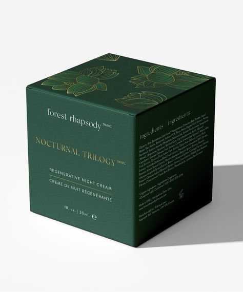 A luxurious and minimalistic skincare packaging design utilizing deep green and gold foil. Green Gold Packaging, Gold Foil Packaging Design, Green And Gold Packaging, Leaf Packaging Design, Green Skincare Packaging, Green Box Packaging, Unicorn Bread, Minimalist Skincare Packaging, Green Packaging Design