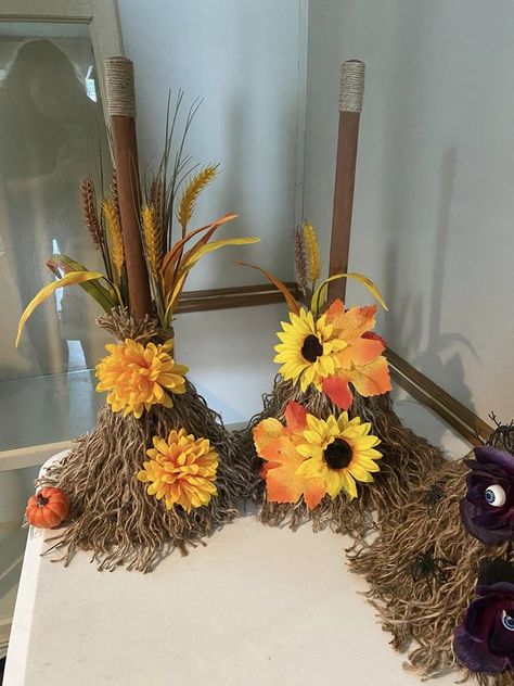 💲Dollar Tree Fanatics Crafts & Decor💲 | Made out of dollar tree plungers , they turned out great  | Facebook Dollar Tree Plunger Crafts, Fall Broom, Senior Crafts, Fall Crafts For Adults, Broom Stick, Fall Decor Diy Crafts, Fall Decor Dollar Tree, Crafts Decor, Crafts For Seniors