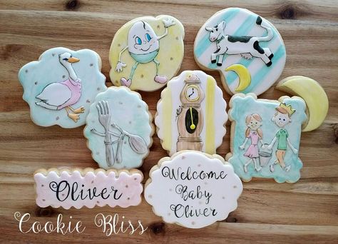 Mother Goose Stories Cookies Mother Goose Decorations, Mother Goose Themed Party, Mother Goose Cookies, Nursery Rhyme Cookies, Mother Goose Nursery Decor, Mother Goose Birthday Party, Mother Goose Baby Shower Ideas, Storybook Cookies, Goose Party