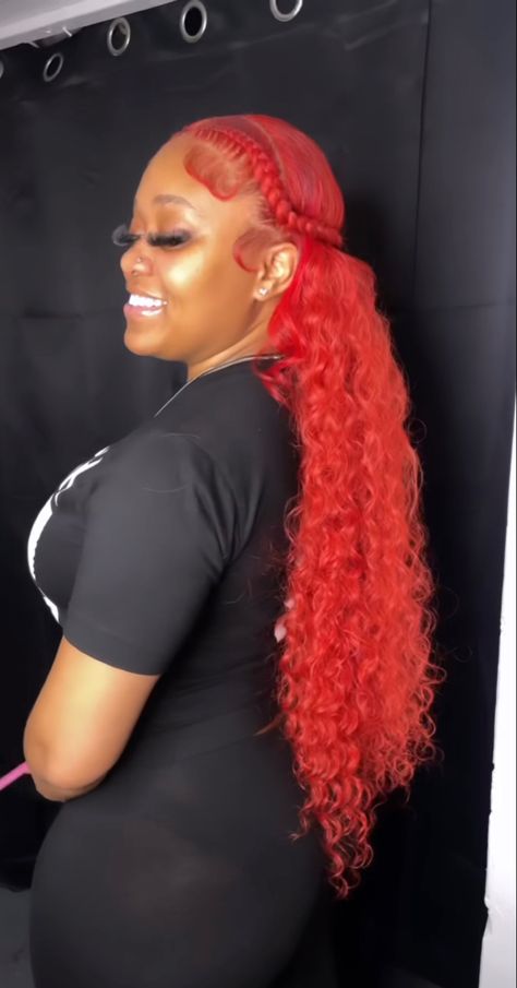 Cherry Red Hair Styles, Red Hair Black Women Hairstyles, Red Leave Out, Red Leave Out Sew In, Red Hair Hairstyles Black Women, Red Half Up Half Down, Red Hairstyles Black Women, Red Half Up Half Down Weave, Cute Red Hairstyles