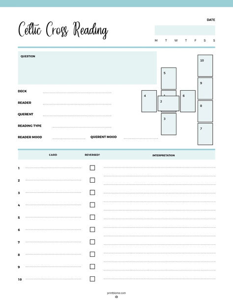 A printable PDF of a Celtic Cross Spread Tarot Journal with spaces for recording the deck, querent, reader mood, and interpretations of 10 tarot cards. Tarot Journal Ideas Free Printable, Celtic Cross Tarot Spread, Tarot Practice, Celtic Cross Tarot, Spiritual Reflection, Tarot Journal, Tarot Spread, Free Tarot, Writing Therapy