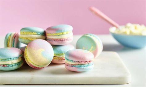 Rainbow Macarons Recipe | Dr. Oetker Pastel Rainbow Macarons, Rainbow Macaroons, Rainbow Macarons, Pastel Food, Pastel Macarons, Macarons Recipe, Desert Ideas, Sugar Icing, Macaroon Recipes