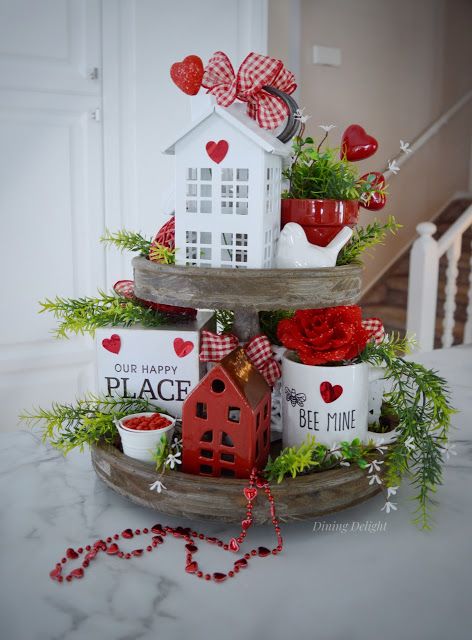 Dining Delight: Valentine Tiered Tray Decor | Featured at the Home Matters Linky Party 269 #valentinesday #tieredtraydecor Three Tiered Tray, Valentine Tiered Tray, Three Tier Tray, Decor Valentines Day, Valentine Centerpieces, Diy Valentine's Day Decorations, Valentine Tree, Tiered Tray Diy, Happy Hearts Day