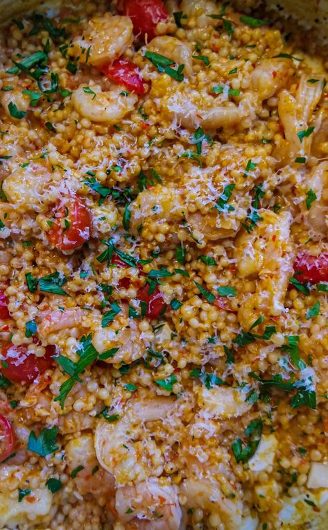 Harissa Shrimp Couscous - Rushing to the Kitchen Unique Shrimp Recipes, Shrimp And Couscous Recipes, Shrimp Couscous Recipes, Macro Appetizers, Couscous Shrimp, Harissa Shrimp, Shrimp Couscous, Macro Eating, Asheville Food