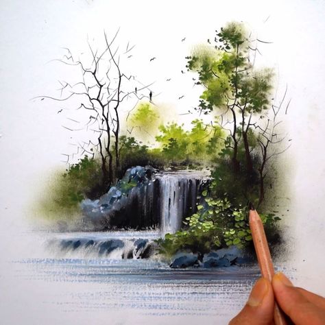 Oil Pastel Waterfall, Morning Drizzle Oil Pastel, Oil Pastel Drawings Landscapes, Waterfall Painting Easy, Pastel Colour Drawing, Draw A Waterfall, Waterfall Drawing, Water Foundation, Waterfall Artwork