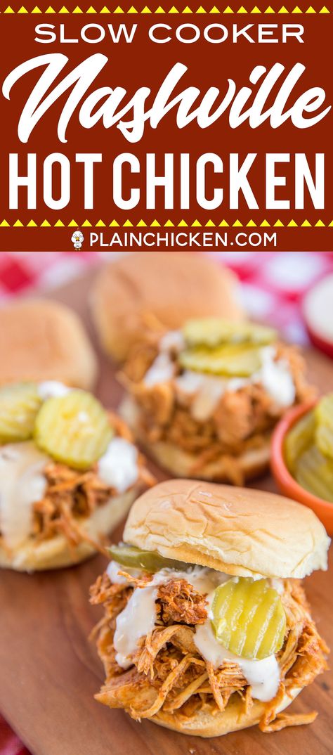 Slow Cooker Nashville Hot Chicken - adapted from the original Hattie B's Hot Chicken recipe in Nashville, TN. SO good!! Chicken, cayenne, brown sugar, garlic powder, paprika, chili powder, butter and chicken broth. Serve the chicken on slider buns with ranch and pickles. SO good! Sweet and spicy in every bite - YUM! #slowcooker #nashvillehotchicken #chickenrecipe #hotchicken Chicken And Pickles Recipes, Hattie B's Hot Chicken Recipe, Nashville Hot Chicken Recipe, Hot Chicken Recipe, Hot Chicken Sandwiches, Nashville Hot Chicken, Nashville Hot, Chicken Sandwiches, Slider Buns