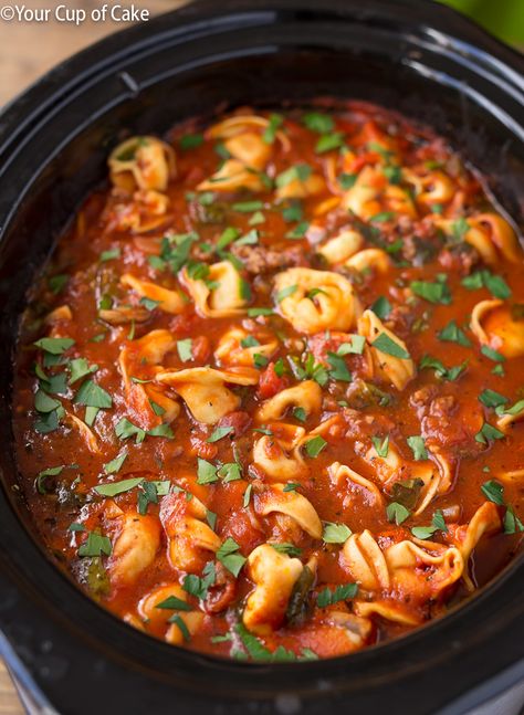 Slow Cooker Lasagna Tortellini Soup - Your Cup of Cake Lasagna Tortellini, Tortellini Crockpot, Tortellini Recipes Crockpot, Tortellini Soup Crockpot, Slow Cooker Tortellini Soup, Slow Cooker Ravioli, Crock Pot Tortellini, Cup Of Cake, Crockpot Soups