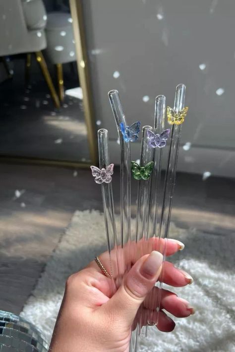 Glass straws with butterflies detail for spring, spring bar cart decor, spring amazon find, Easter basket find Aesthetic Glass Straws, Glass Straw Aesthetic, Straw Aesthetic, Aesthetic Glass, Glass Art Products, Cart Decor, Bar Cart Decor, Decor Spring, Aesthetic Pinterest