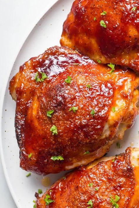 Easy Oven Baked Barbecue Chicken Thighs 2 Barbeque Chicken Thighs, Baked Barbecue Chicken Thighs, Oven Baked Barbecue Chicken, Baked Barbecue Chicken, Barbecue Chicken Thighs, Chicken Thighs In Oven, Sour Cream Mashed Potatoes, Bbq Chicken Thighs, Barbeque Chicken