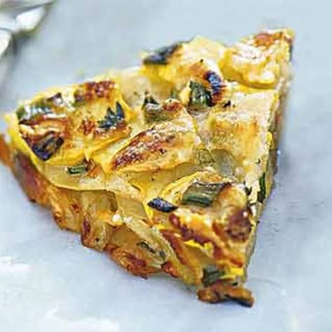 Herbed Summer Squash and Potato Torte with Parmesan Potato Torte, Yellow Crookneck Squash, Crookneck Squash, Summer Squash Recipes, Parmesan Recipes, Garden Recipes, Squash Recipes, Summer Squash, Zucchini Recipes