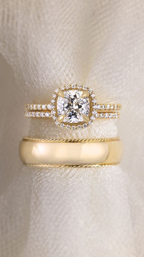 Solatire Ring, Large Engagement Rings, Gold Wedding Ring Set, When She Says, Stacked Engagement Ring, Future Engagement Rings, Gold Diamond Engagement Rings, Cushion Cut Diamond, Yellow Gold Wedding Ring