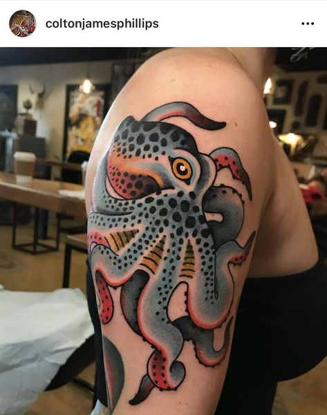 Unique Neo Traditional Tattoo, Old School Tattoo Octopus, Neo Trad Octopus, American Traditional Animal Head Tattoo, Octopus Tattoos Color, Trad Octopus Tattoo, Neo Traditional Octopus Tattoo, Jelly Fish Tattoo Traditional, Traditional Ocean Tattoo Sleeve