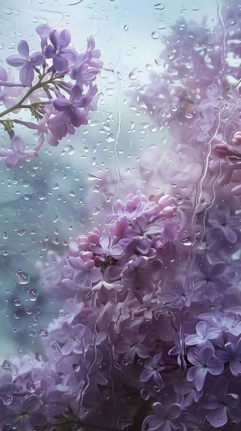 Rain scene with lilacs blossom flower plant. | premium image by rawpixel.com Purple Rain Wallpaper, Flower Wallpaper Purple, Flowers Purple Aesthetic, Purple Aesthetic Flowers, Iphone Wallpaper Lavender, Rainy Aesthetics, Rainy Flowers, Rainy Nails, Flowers And Rain