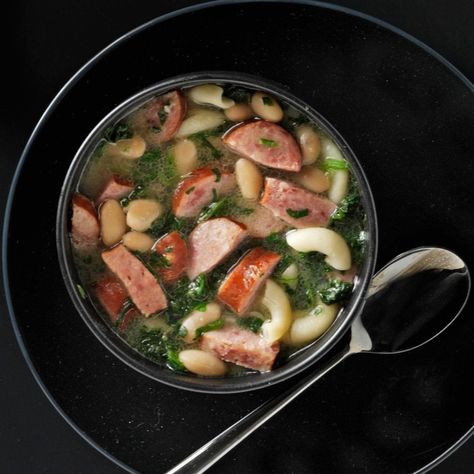 Kielbasa Spinach Soup Spinach Soup Healthy, Kielbasa Soup, Spinach Soup Recipe, Chopped Kale, Kielbasa Recipes, Quick Soup, Polish Sausage, Spinach Soup, Hot Pepper Sauce