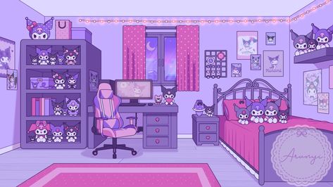 Vtuber Background Room, Vtuber Room, Pastel Goth Room, Kuromi Room, Character Bedroom, Kawaii Pastel Aesthetic, Background Room, Anime Bedroom Ideas, Ipad Mini Wallpaper