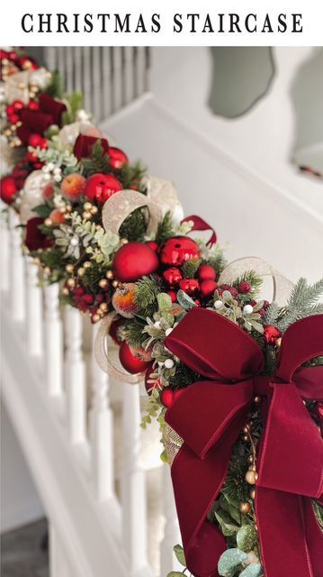 Anna King on Instagram: "#ad I’m officially welcoming guests into my home this Christmas with this extravagant staircase garland I created using the @bluediamond.homeandgarden Christmas range! This year my theme is all about the fruits & berries & rich colours that remind you of a stately home Christmas! I had so much fun shopping @bluediamond.homeandgarden & was truly spoilt for choice! The most magical part for me is these led cluster lights that took my garland to the next level! I’ve always wanted to adorn out staircase with a huge garland for the Christmas season so I decided to go big! I will be sharing a more detailed tutorial on how I created this in stories, so don’t miss it! MY TOP TIPS: ✨Twist 2 or 3 garlands together to create a fuller look ✨Add lights before attaching to yo Decorate Christmas Garland, Christmas Bauble Garland, Garland Christmas Decor Stairs, Christmas Stairs Decor, Staircase Garland, Stair Rail Christmas Decorations, Colourful Christmas Decorations, Christmas Door Garland Diy, Christmas Staircase Decor Railings