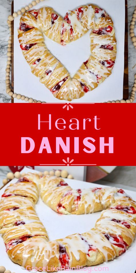 Heart Cinnamon Rolls, Heart Danish, Cute Breakfast Ideas, Crescent Roll Dessert, Easy Crescent Rolls, Crescent Breakfast, Cherry Recipes Dessert, Almond Glaze, Valentines Brunch