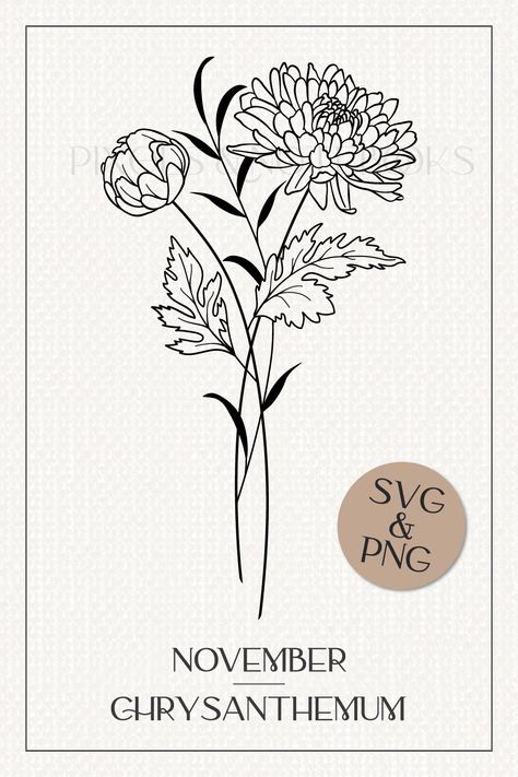 Birth Flower For November, November Flower Drawing, November Birth Flowers Tattoo, November Chrysanthemum Tattoo, Birth Flower November Tattoo, November Birth Flower Drawing, Chrysanthemum Line Drawing, Mum Flower Drawing, Christhamum Flower Tattoo