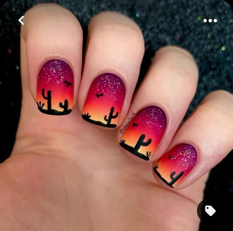 Trending Nail Polish Colors, Country Acrylic Nails, Rodeo Nails, Sponge Nail Art, Silhouette Nails, Bird Nail Art, Sunset Cactus, Cowboy Nails, Sunset Nails