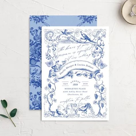 Vintage Toile wedding invitation ideas French Wedding Invitations Design, Toile Wedding Invitations, Blue Toile Wedding, Blue And White Wedding Invitations, Chinoiserie Wedding Invitation, Southern Wedding Invitations, French Style Wedding, Toile Wedding, French Inspired Wedding