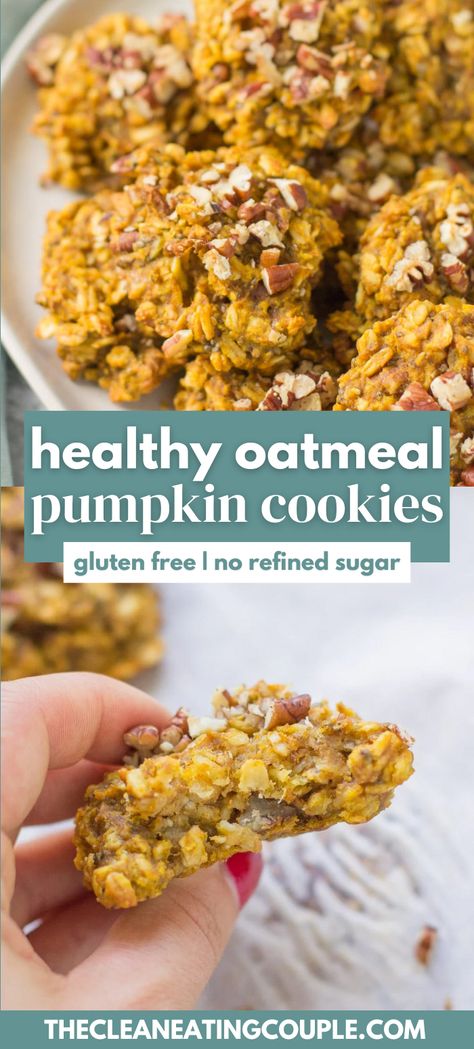 Healthy Oatmeal Pumpkin Cookies (Gluten Free, No Refined Sugar) are a delicious fall breakfast! Made with only 8 ingredients, they are perfect for meal prepping & naturally gluten free. Whole 30 Pumpkin Cookies, Healthy Oatmeal Cookies Breakfast, Healthy Pumpkin Recipes Breakfast, Pumpkin Oatmeal Cookies Gluten Free, Flourless Pumpkin Oatmeal Cookies, Gluten Free Dairy Free Pumpkin Cookies, Pumpkin Healthy Cookies, Pumpkin Oatmeal Bars Easy, No Sugar Pumpkin Cookies