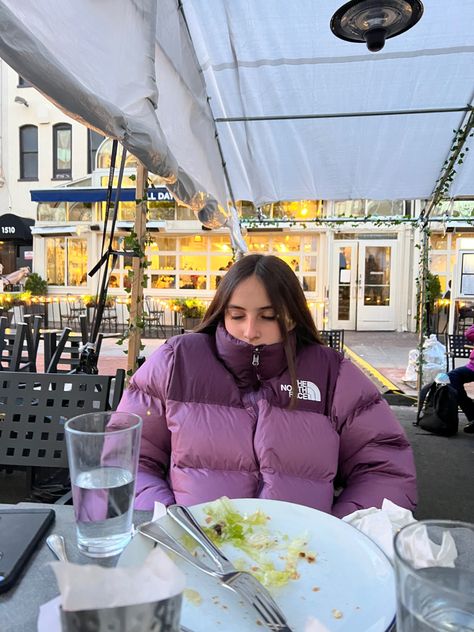 Puffer Jacket Outfit Celebrity, The North Face Puffer Jacket Pink, North Face Purple Puffer Jacket, North Face Puffer Purple, Purple Jacket Aesthetic, Purple North Face Jacket Outfit, North Face Puffer Jacket Aesthetic, North Face Puffer Jacket Purple, Purple Puffer Jacket Outfit