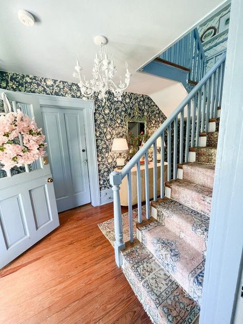 Gathered Living l Entryway l Vintage Cottage Entryway l Entryway Refresh l Pale Blue Entryway Paint Color l Blue Gray Paint Color l Light Blue Paint and Trim Painted Trim Entryway, Blue Mudroom Paint Colors, Blue Hallway Doors, Powder Blue Entryway, French Blue Paint Color Living Room, Light Blue Board And Batten, Light Blue Entryway Walls, Light Blue Hallway Ideas, Light Blue Trim Interior