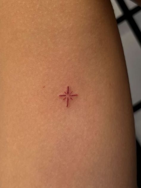 Ruby Tattoo Ideas Small, Small Dainty Red Tattoos, Small Red Sun Tattoo, Mini Red Tattoos For Women, Minimalistic Red Tattoo, Red Ink Tattoos Healed, Delicate Red Tattoo, Red Ink Star Tattoo, Red Ink Tiny Tattoo