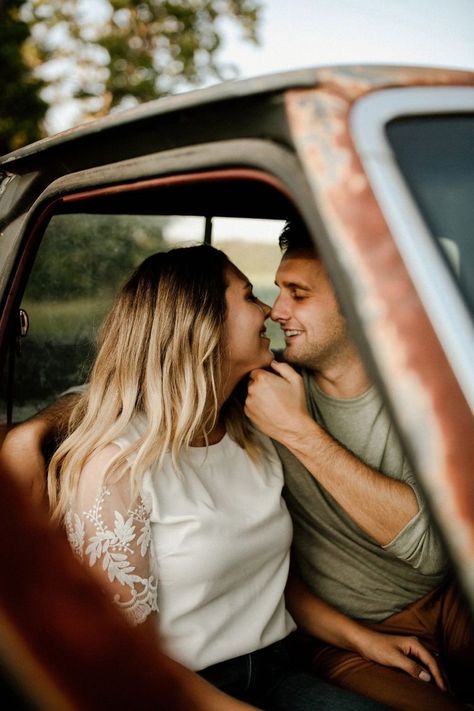 Couple In Car Photography, Couple With Truck Photoshoot, Couples Photo Shoot With Truck, Engagement Pictures With Truck, Farm Photoshoot Ideas Couple, Engagement Photos Truck, Couple Farm Photoshoot, Couple Photoshoot With Truck, Truck Couple Pictures