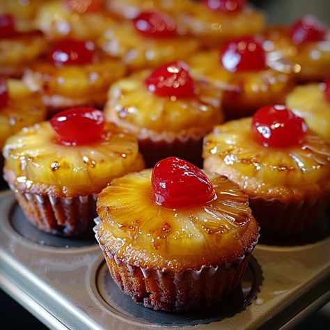 Mini Pineapple Upside-Down/ Cupcakes Mini Pineapple Upside Down, Pineapple Upside Down Cupcakes With Cake Mix Recipe, Pineapple Upside Down Cupcakes Easy, Mini Upside Down Pineapple Cake, Pineapple Upside Down Cake Cupcakes, Pineapple Upside Down Muffins, Upside Down Pineapple Cupcakes, Upside Down Pineapple Cake, Work Treats