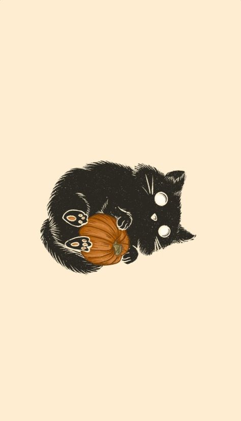 Cute Fall Vibes Wallpaper, Fall Cat Backgrounds Wallpapers, Black Cat Fall Wallpaper, Spooky Art Wallpaper, Fall Animal Drawings, Cat Pumpkin Tattoo, Happy Halloween Wallpaper Cute, Pumpkin Cat Tattoo, Cat In Pumpkin Drawing