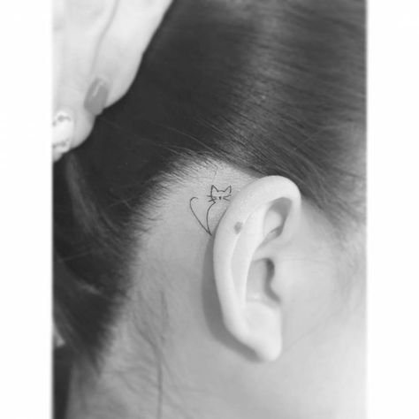 Tiny Cat Tattoos For Women, Cat Tattoo Behind Ear, Tiny Cat Tattoo, Cat Silhouette Tattoos, Minimalist Cat Tattoo, Playground Tattoo, Small Animal Tattoos, Cute Owl Tattoo, Tattoo Behind Ear