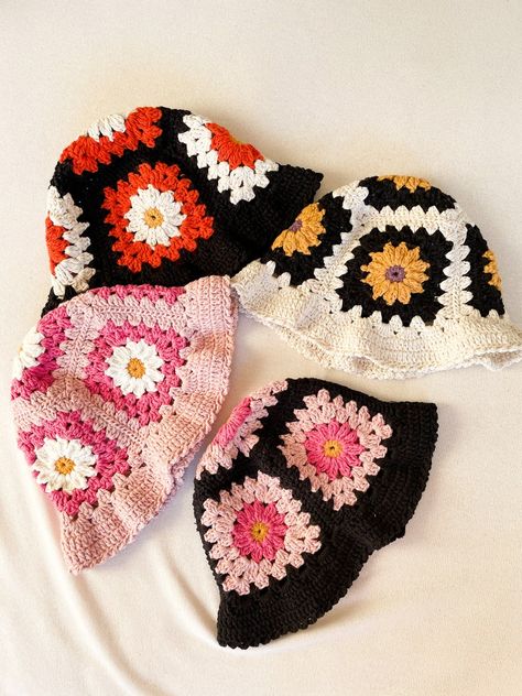 Granny Squares Bucket Hat, Granny Hat Crochet, Crochet Granny Square Hats, Flower Crochet Bucket Hat, Crochet Hat Granny Square, Crochet Granny Hat, Flower Bucket Hat Crochet, Granny Square Hats, Granny Square Bucket Hat Pattern