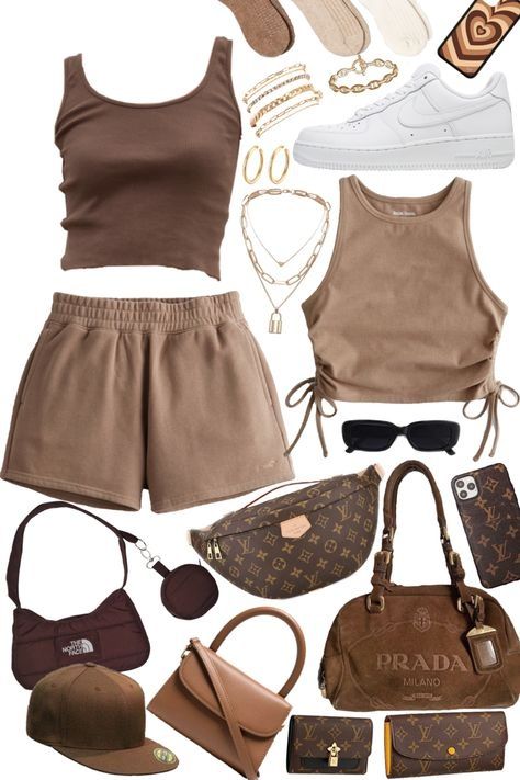 Brown Aesthetic Outfit Ideas, Brown Comfy Outfit, Brown Aesthetic Outfit Summer, Brown Neutrals Outfit, Tan Clothes Aesthetic, Cinnamon Aesthetic Outfit, Brown Sweatshorts Outfit, Soft Brown Aesthetic Outfit, Cute Brown Outfit Aesthetic