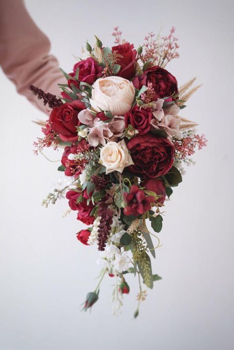 Burgundy Wedding Bouquet, Red Bridal Bouquet, Cascading Bridal Bouquets, Cascading Wedding Bouquets, Red Bouquet Wedding, Hand Bouquet, Fairy Tale Wedding, Boutonniere, Bridal Bouquet