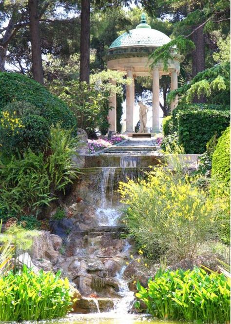 Garden pavilion and waterfall. Greek Gazebo, Roman Garden Ideas, Greek Garden Wedding, Ancient Greek Garden, Roman Fountain, Greek Garden, Roman Garden, Garden Waterfall, Garden Pavilion