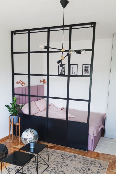 Idea for separating bed in studio apartment. The divider is made out of wood , and colored in black. Bed Separation Room Dividers, How To Separate Studio Apartment, Studio Bed Divider, Bed Separator Ideas, Studio Apartment Ideas Black, Studio Apartment Bed Ideas, Bed Divider Ideas, Studio Separation Ideas, Studio Apartment Room Divider Ideas